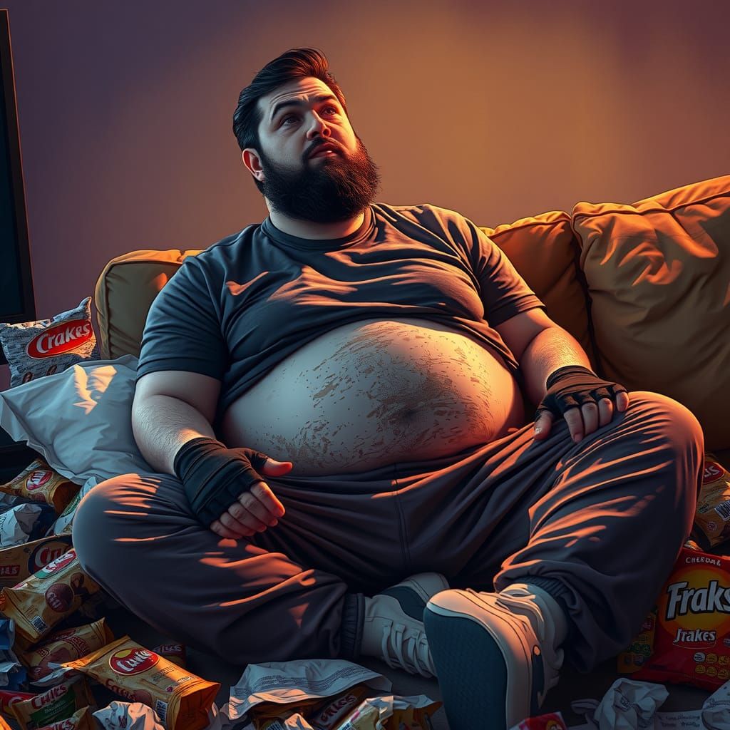 Hyperrealistic Man Lounging Surrounded by Snacks