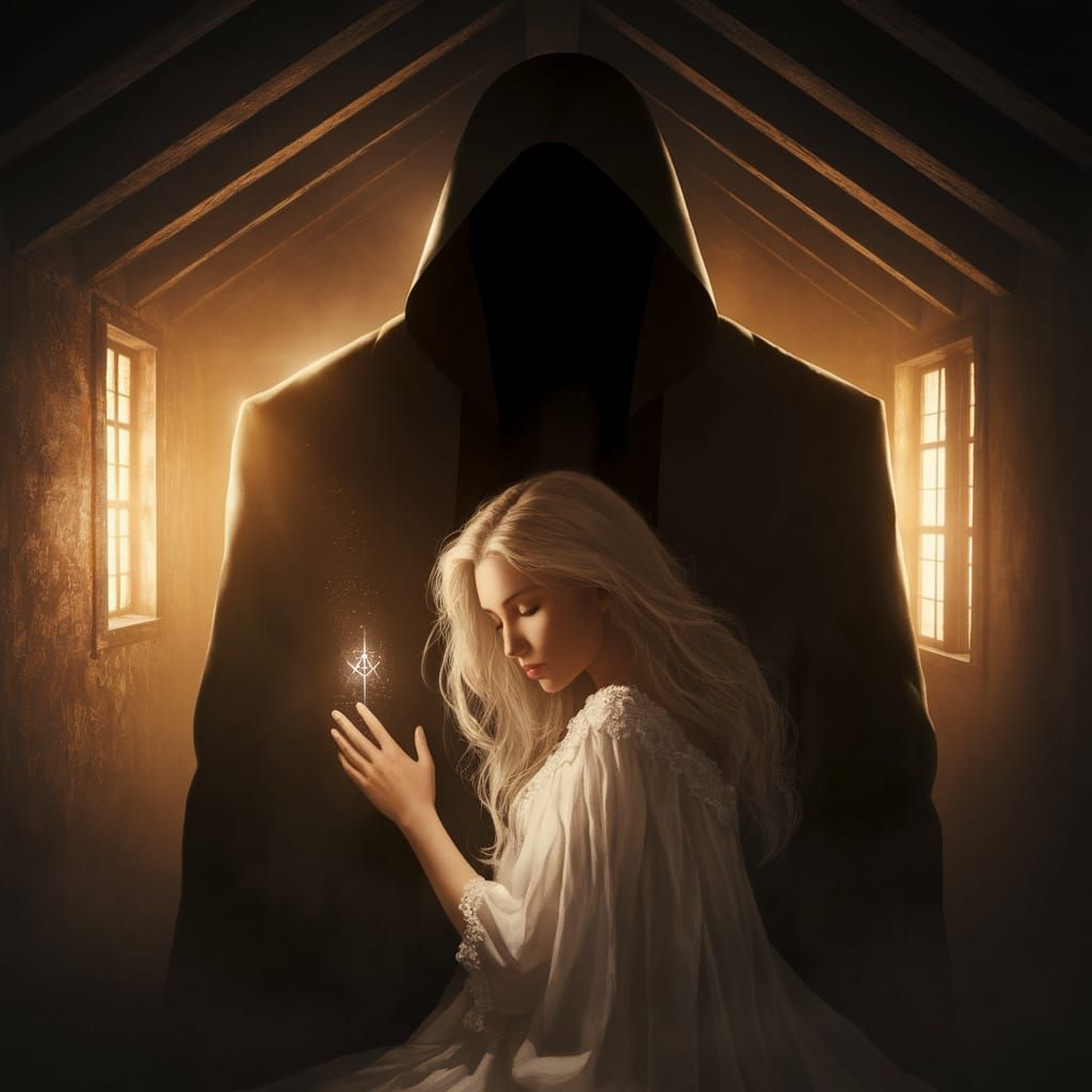 The Shadowy Protector in a Dimly Lit Attic