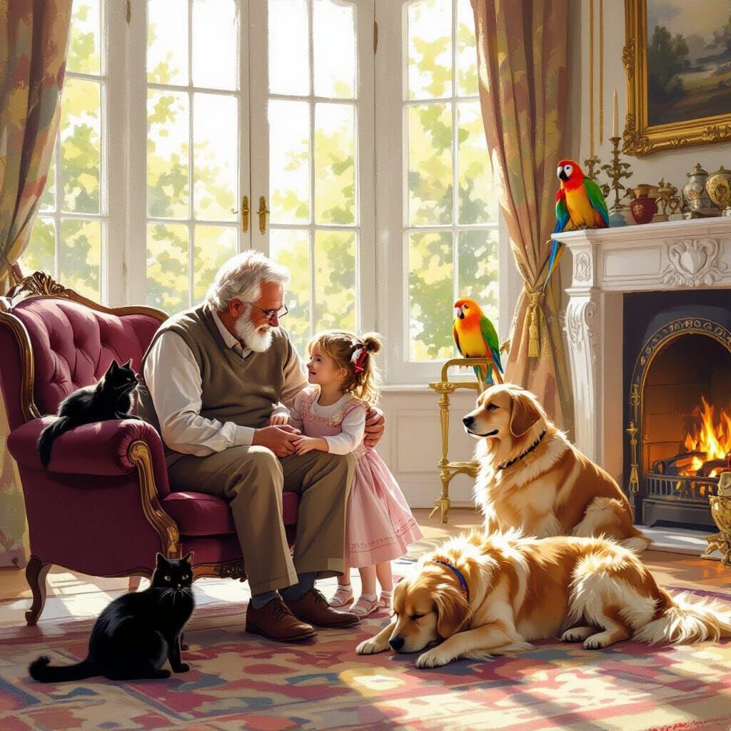 Grandfather and Granddaughter Play in Elegant Room with Pets