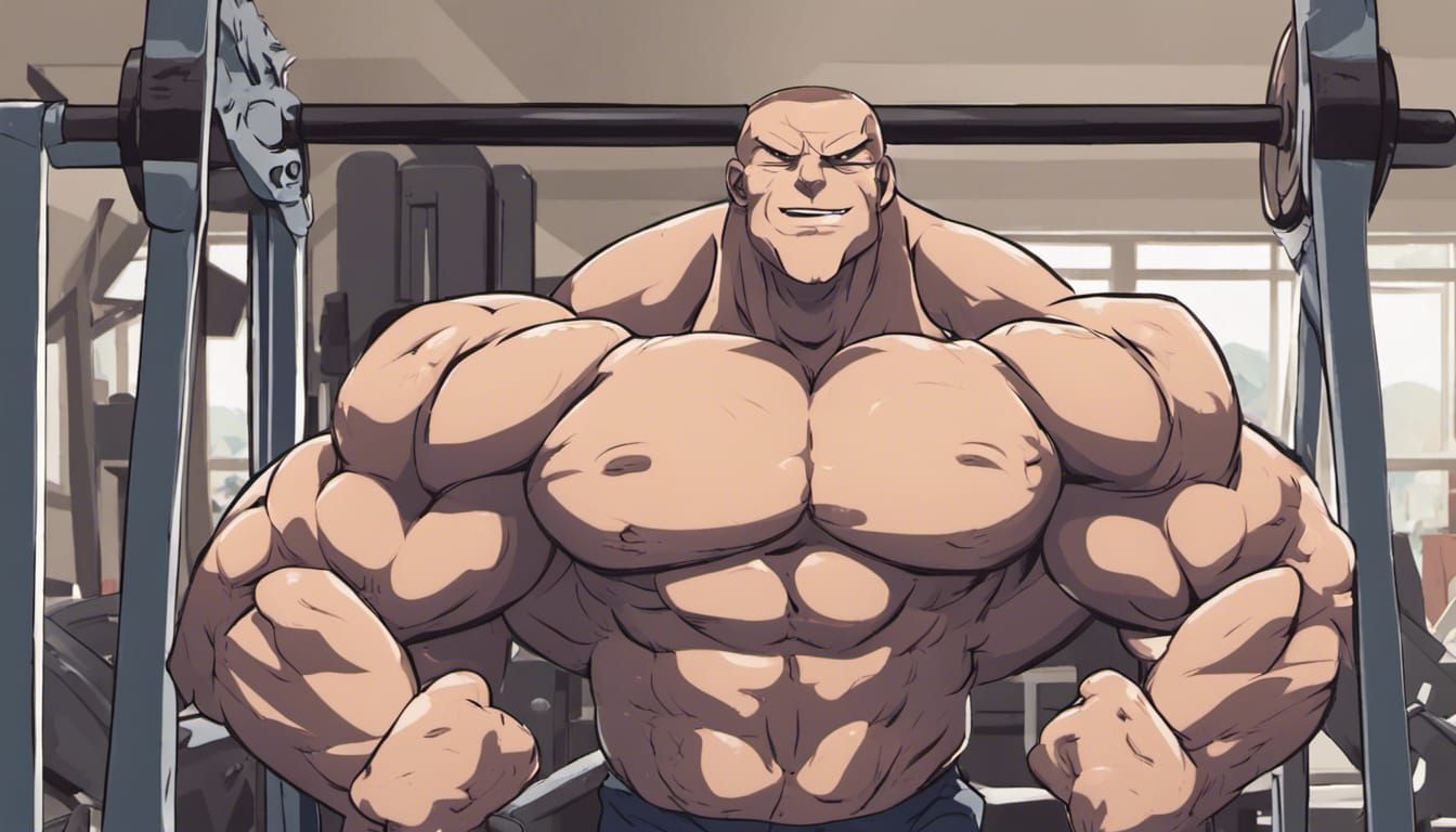 Muscular Anime Character in Gym Setting