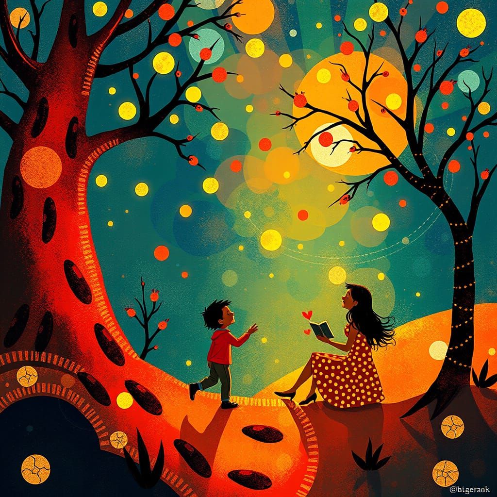 Whimsical Joyful Scene in Luminous Abstract Style