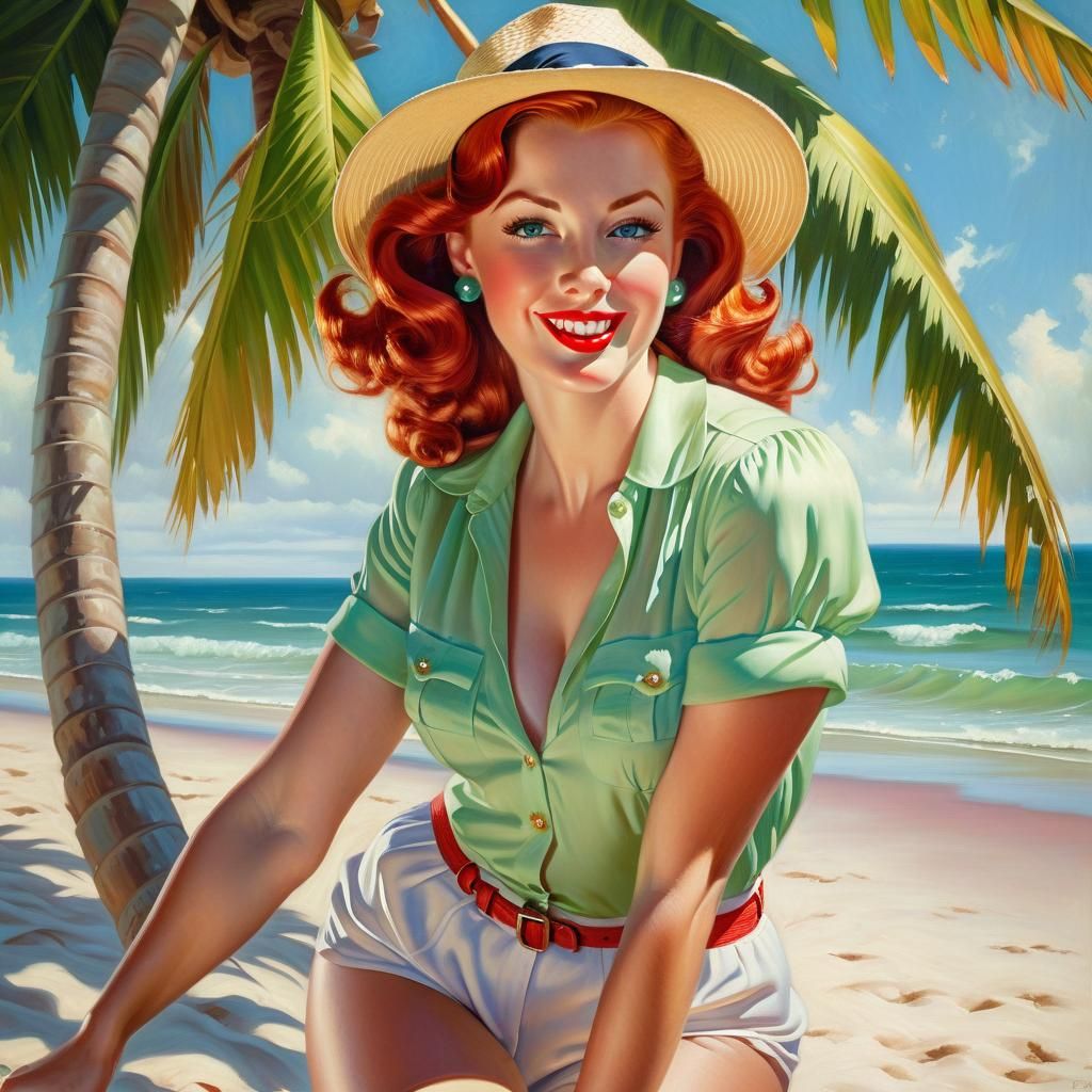 Elegant Woman on Tropical Beach in Oil Painting Style