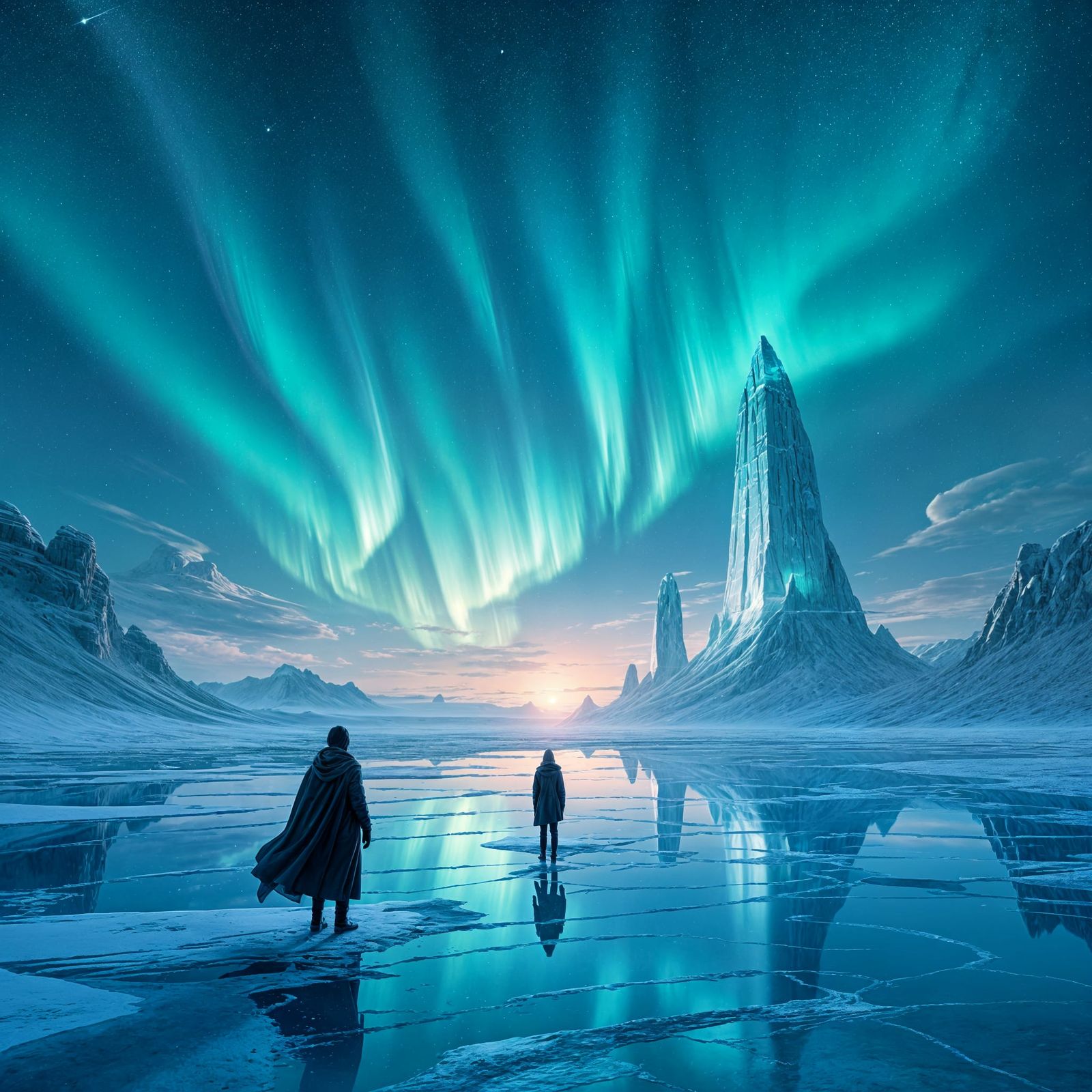 Figure in Crystalline Desert Under Aurora Sky