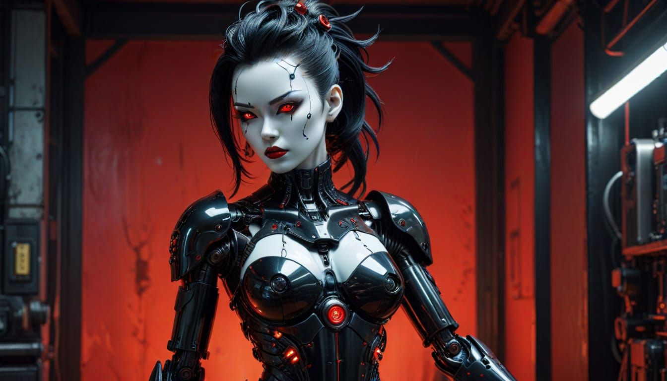 Gothic Gynoid Pinup in Cyberpunk Atmosphere