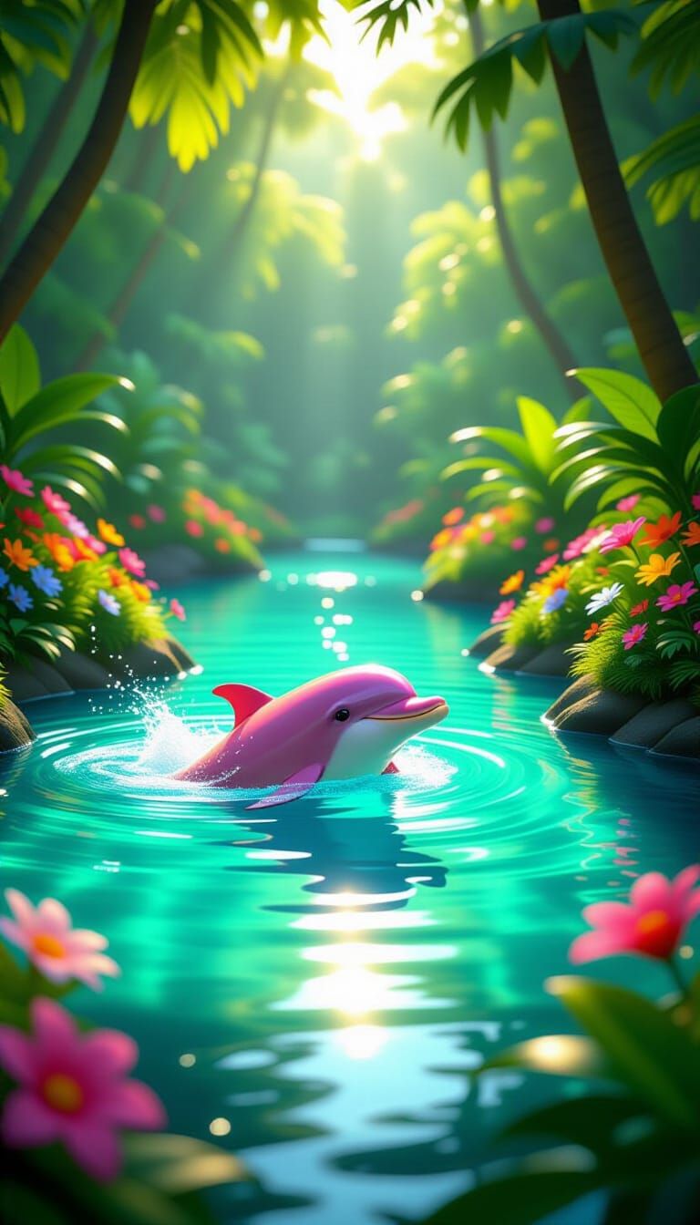 Pink Dolphin Splashing in Glowing Jungle Pond