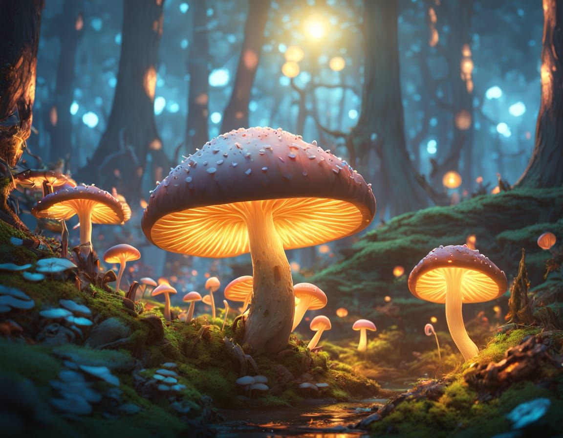 Vibrant Mushrooms in an Enchanted Forest, Anime Art Style