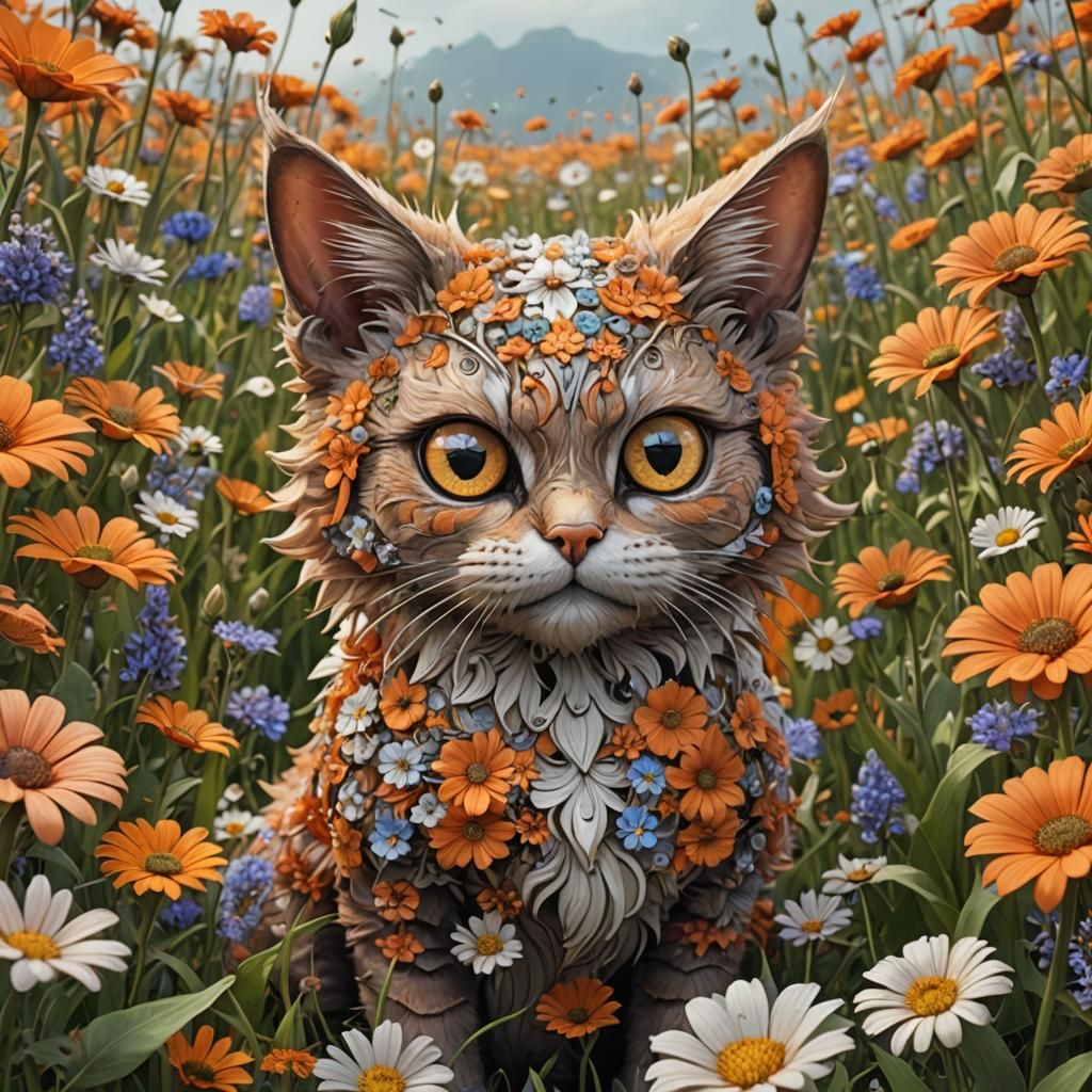 Cat in Flower Field: Fractal Fantasy Art