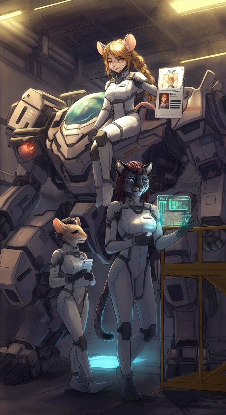 Anime Mech Hangar with Mouse Pilot in Watercolor Style