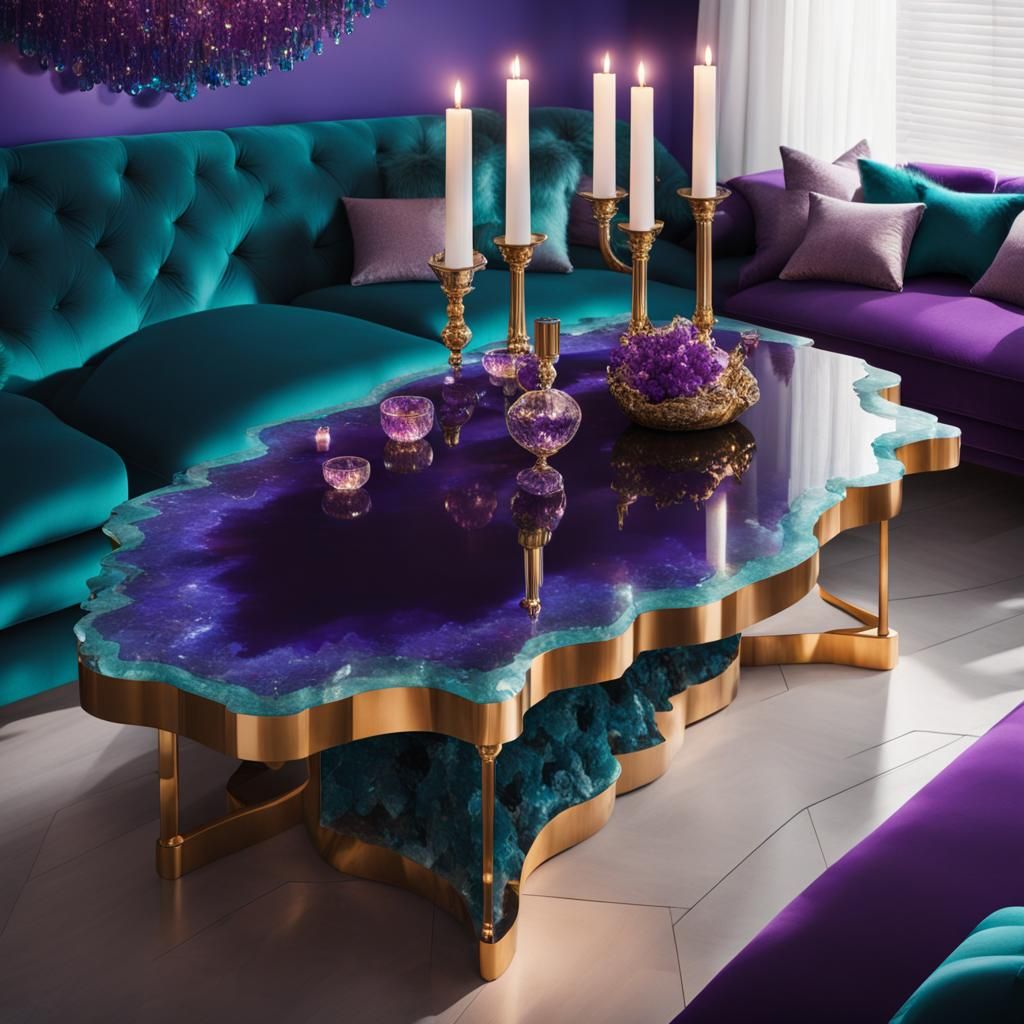 Beautiful living room with purple walls turquoise blue Sofas and huge amethyst geode table with purple candles Beautiful...