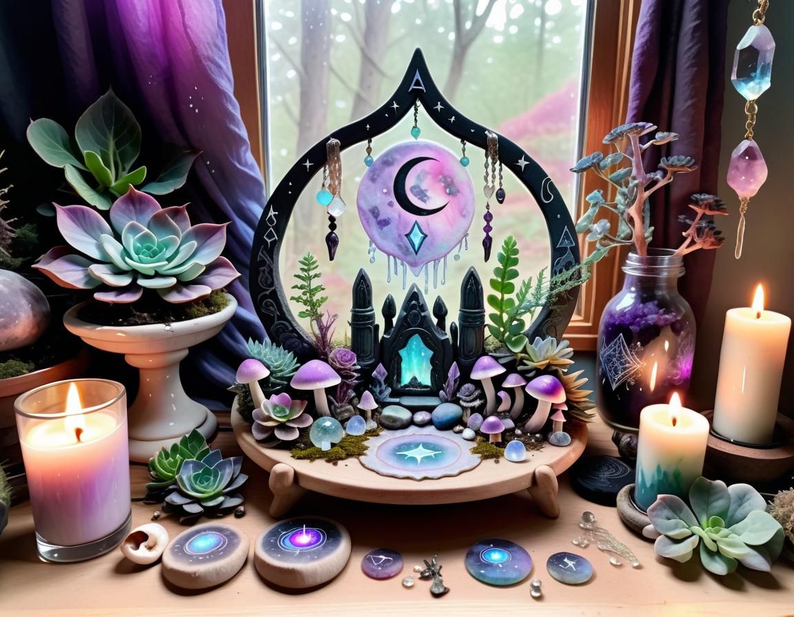 Pastel Goth Goddess Altar with Succulents in Watercolor