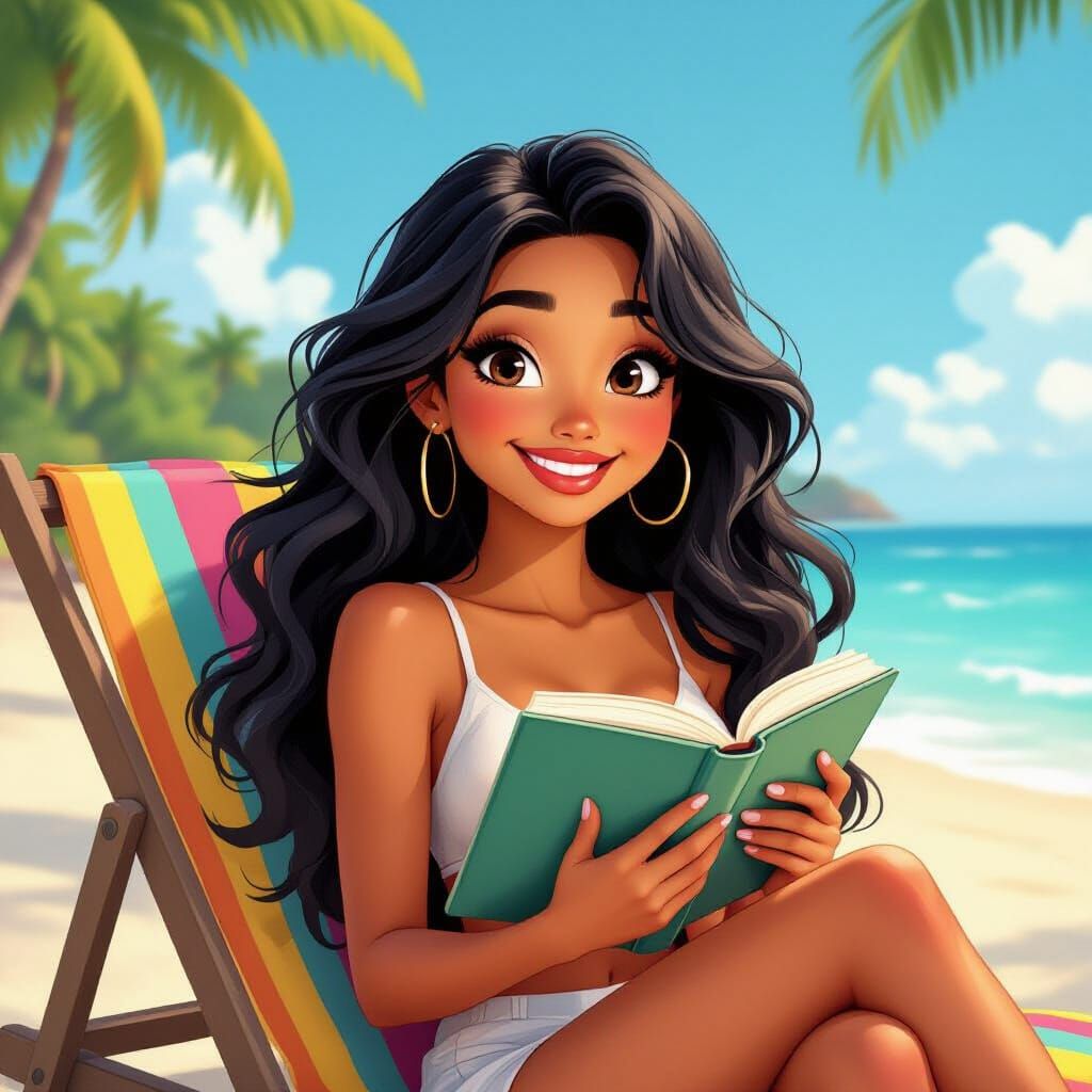Woman Reading on Beach in Pixar Cartoon Style