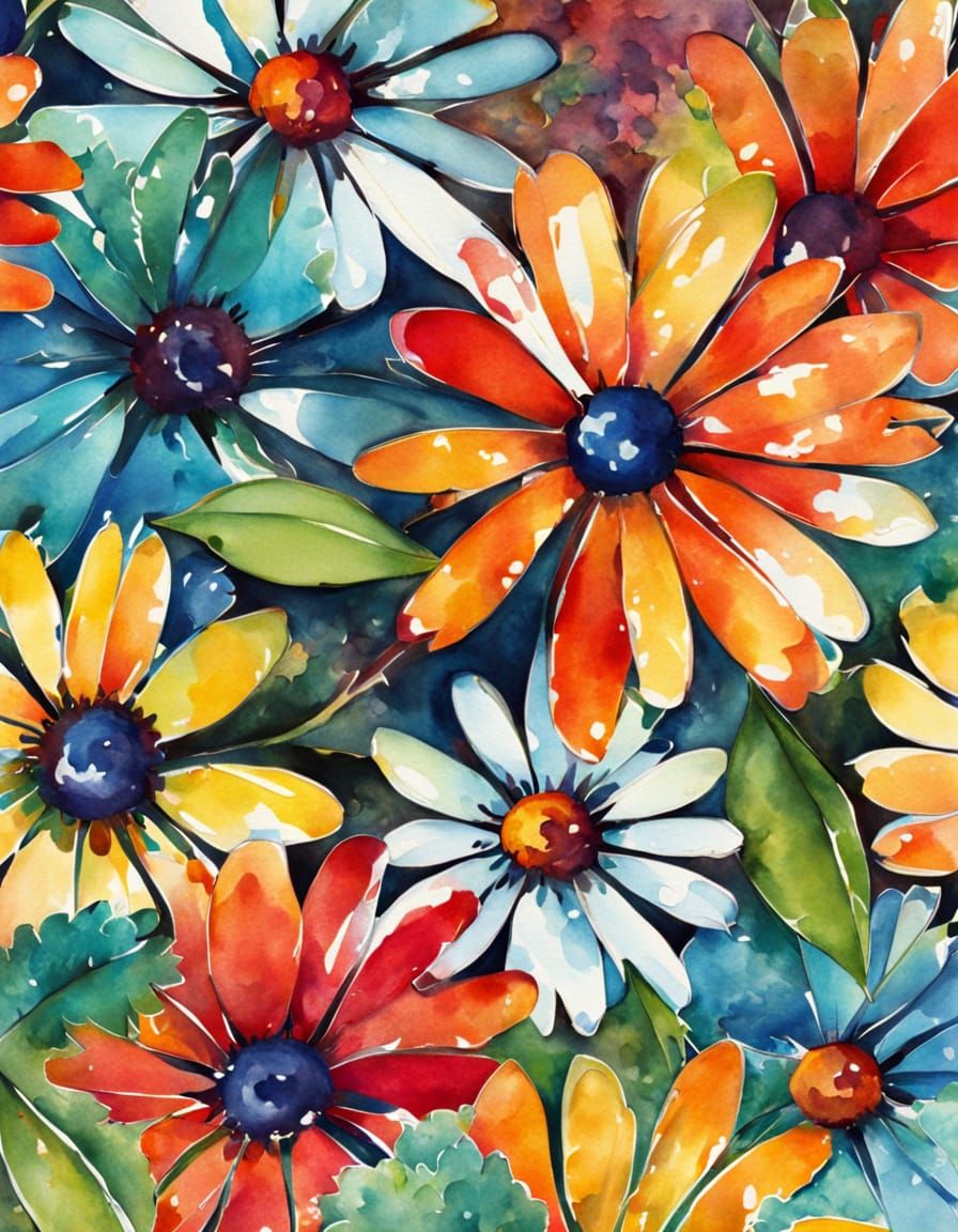 Vibrant Watercolor Daisies in Bold Abstract Art