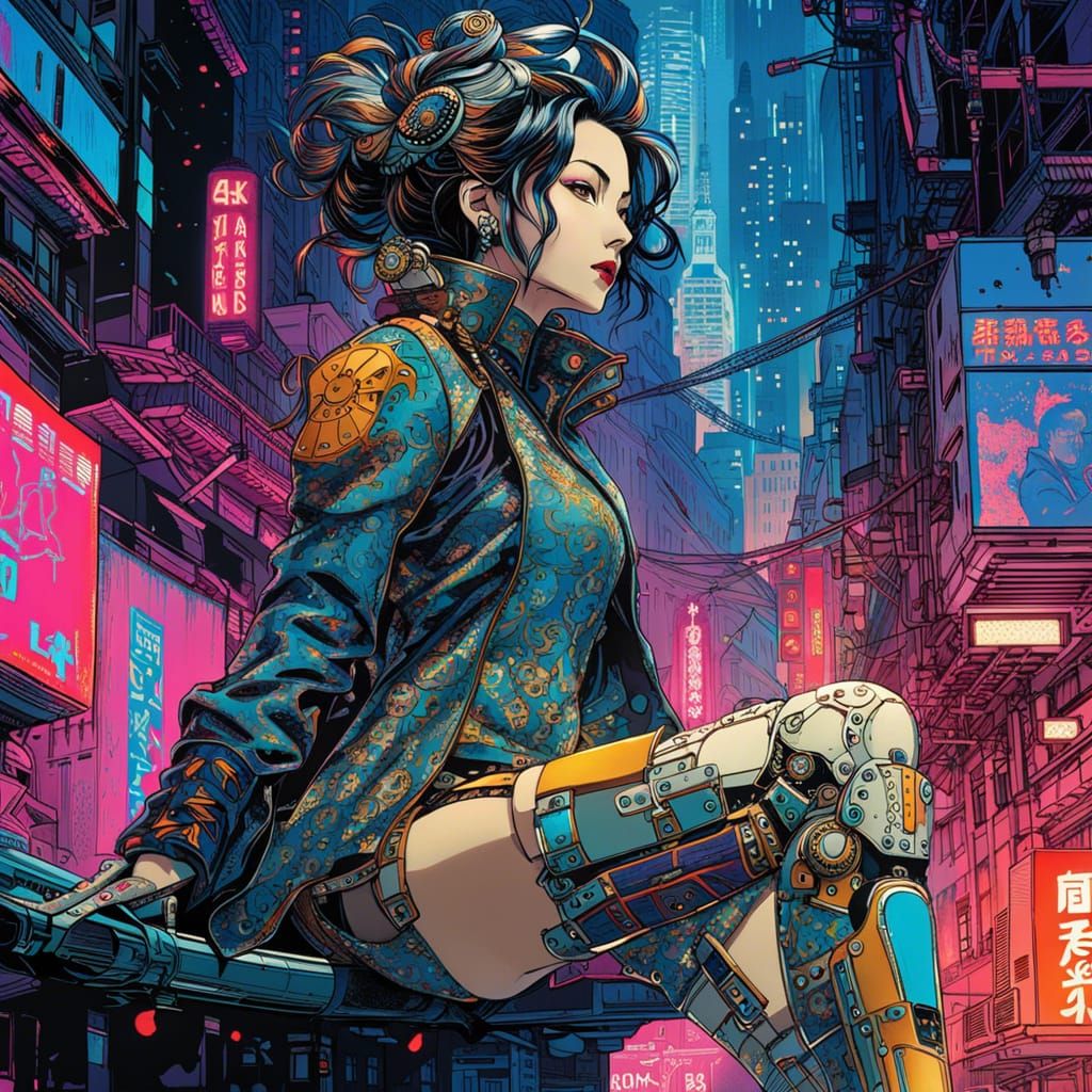 Cyberpunk Woman with Prosthetic Legs in Inkpunk Style