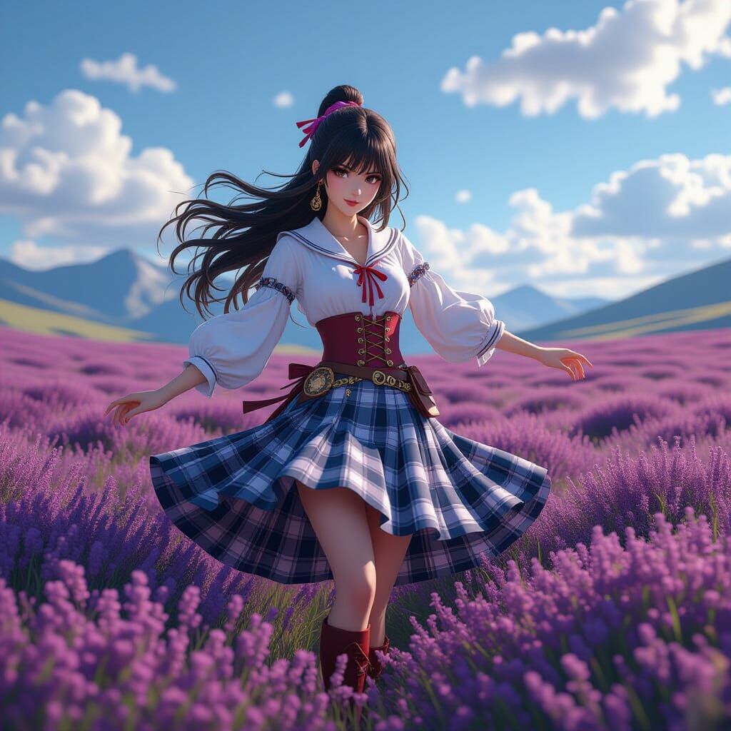 Anime Scottish Woman in Heather Field