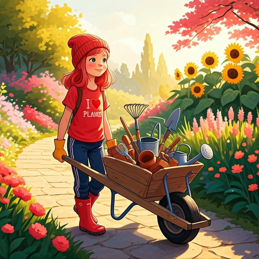 Gardening Girl in a Whimsical Garden Scene