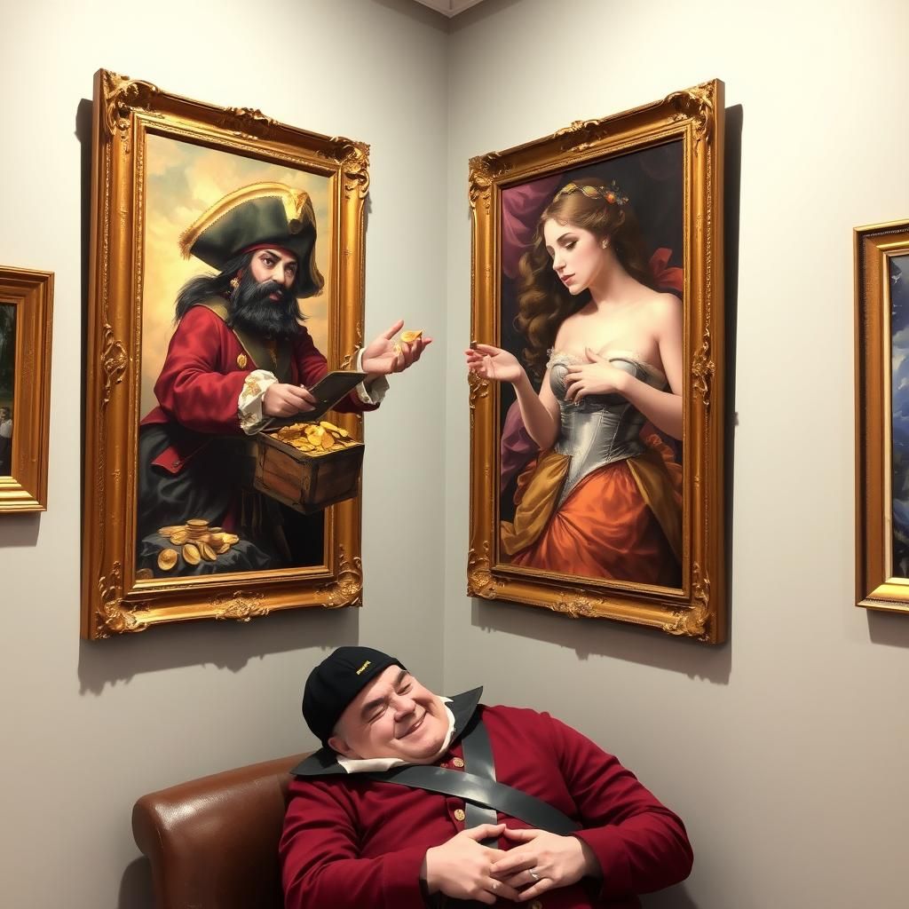 Pirate and Woman Trading Treasure Between Paintings