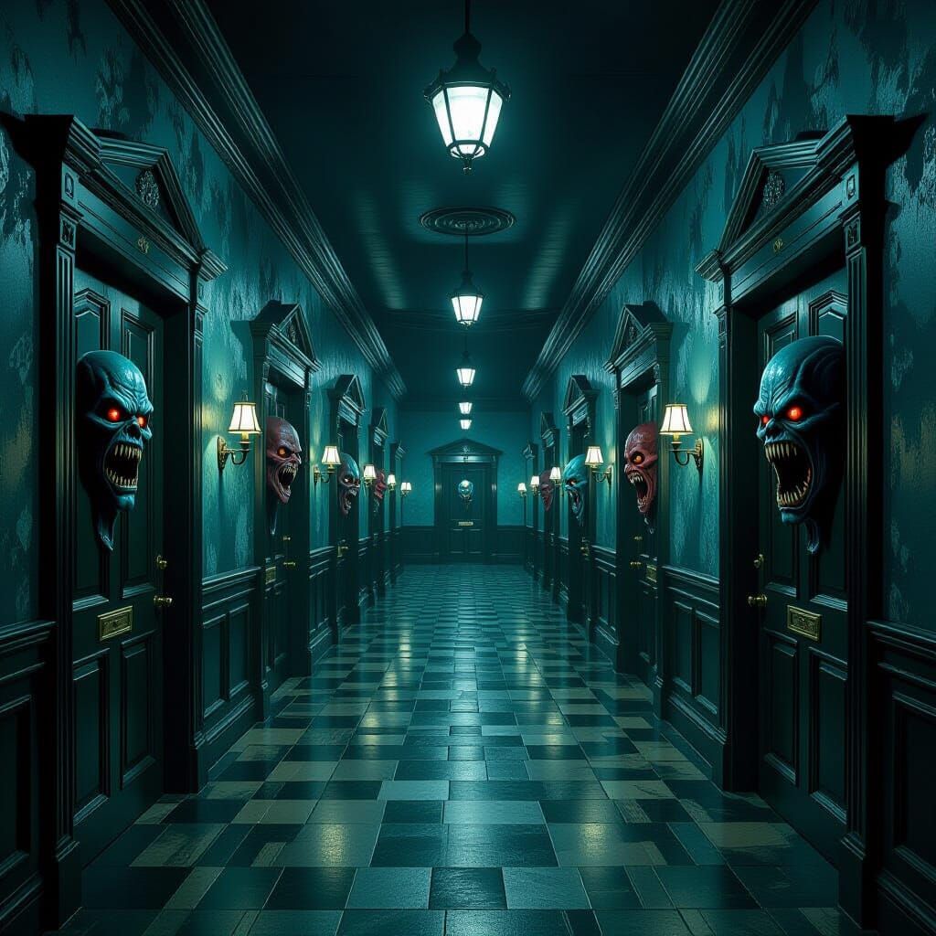 Surreal Hotel with Infinite Doors and Eerie Atmosphere