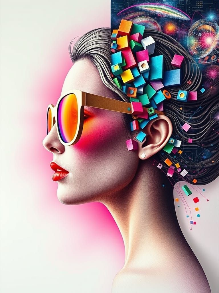 Papercraft Woman with Sunglasses in Colored Pencil Style