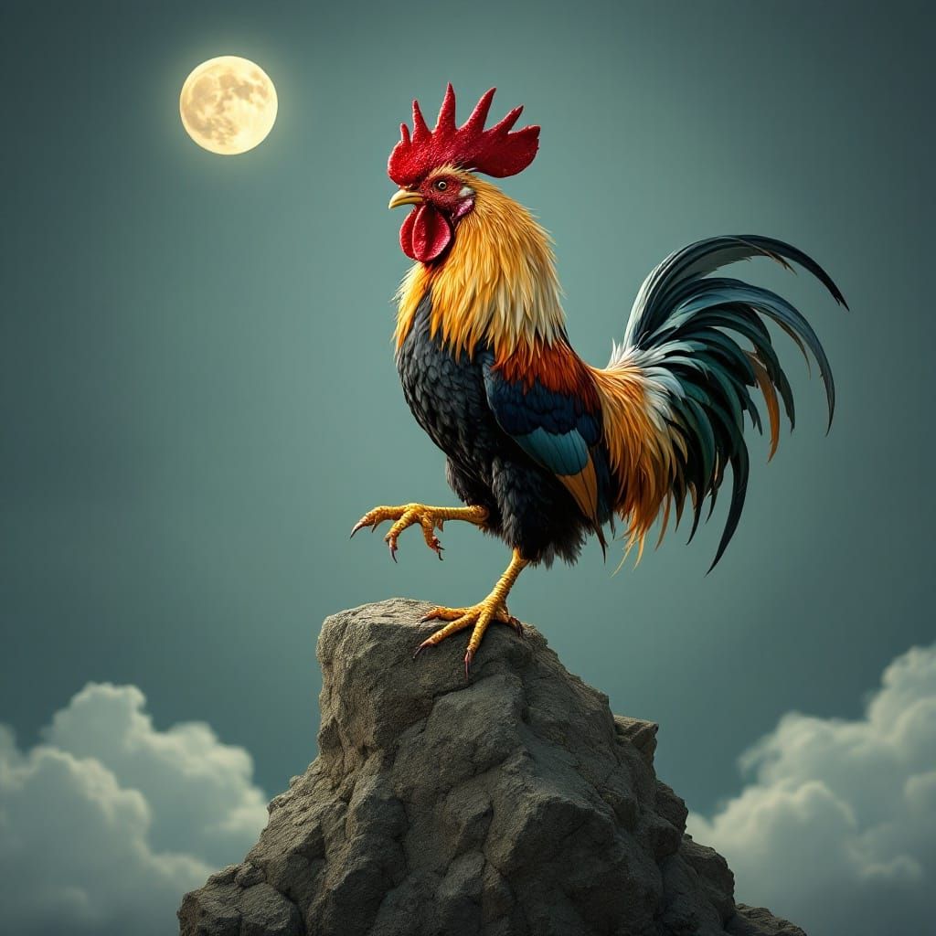 Moonlit Rooster in Flight