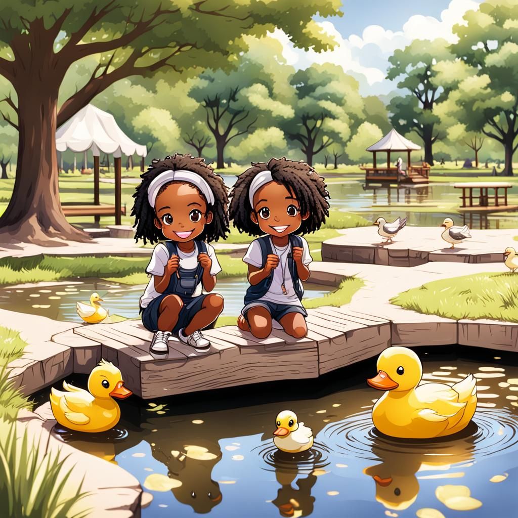 CHIBI YOUNGSTERS HAVING FUN  AT THE PARK WITH A DUCK POND