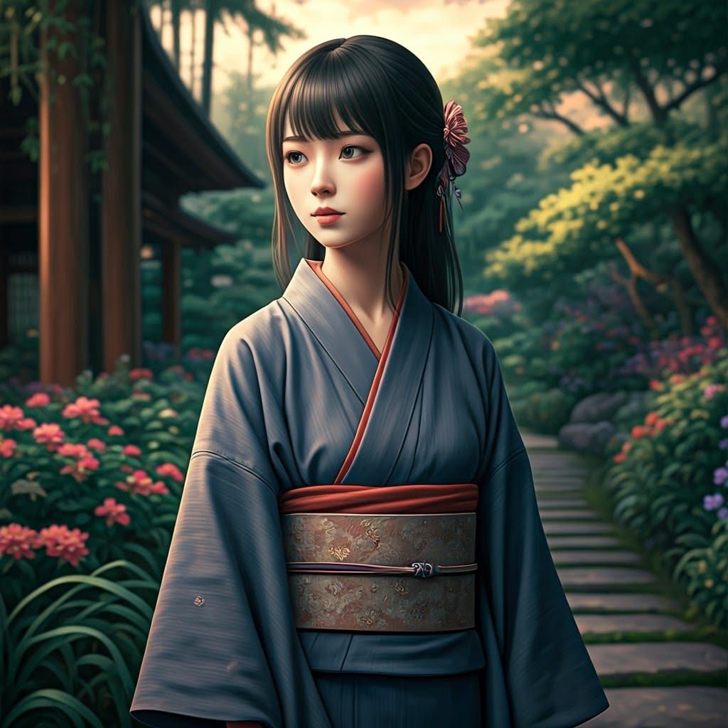Serene Japanese Garden Scene with Traditional Yukata