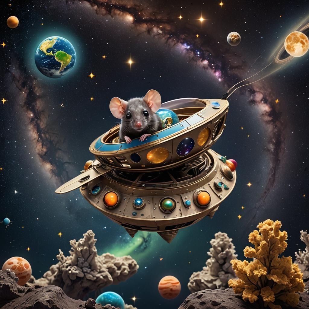 Hyperreal Alien Mouse in Spaceship, Starry Night