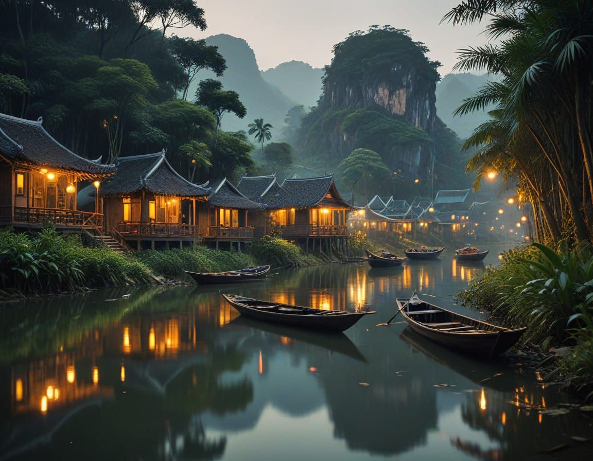 Vietnamese Village in Sunset Glow