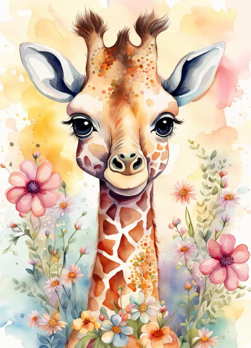 Watercolor Painting of an Adorable Baby Giraffe
