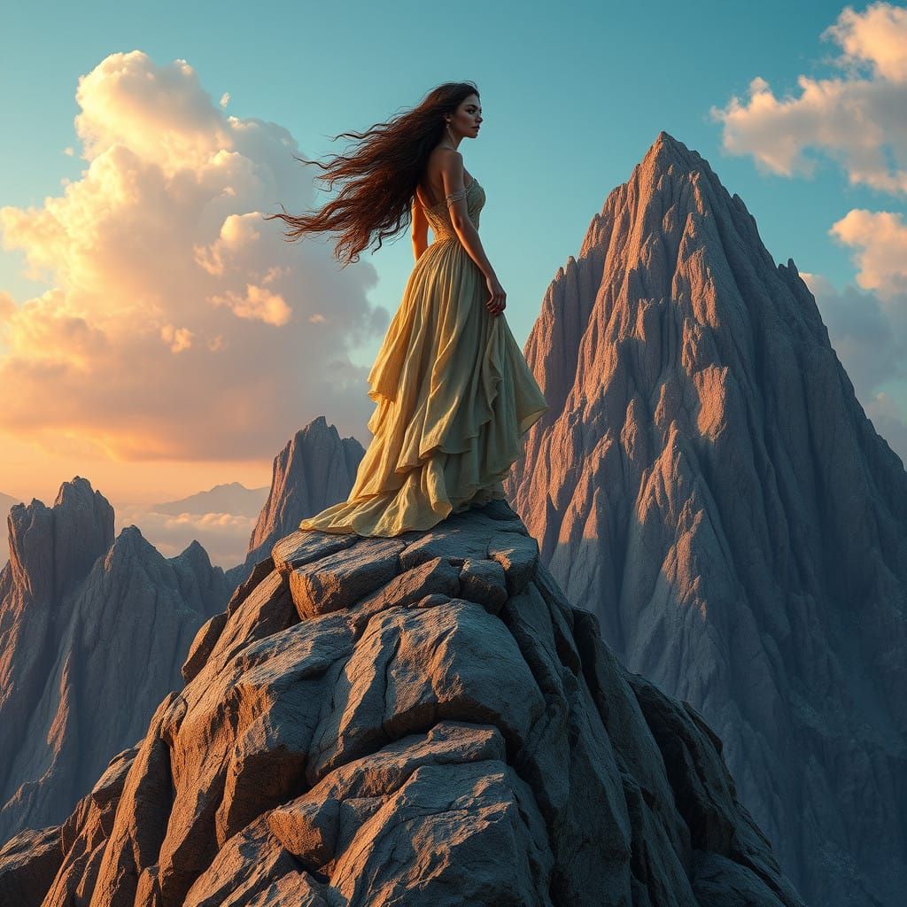 Elegant Woman Merges with Granite Mountain Landscape in Cybe...
