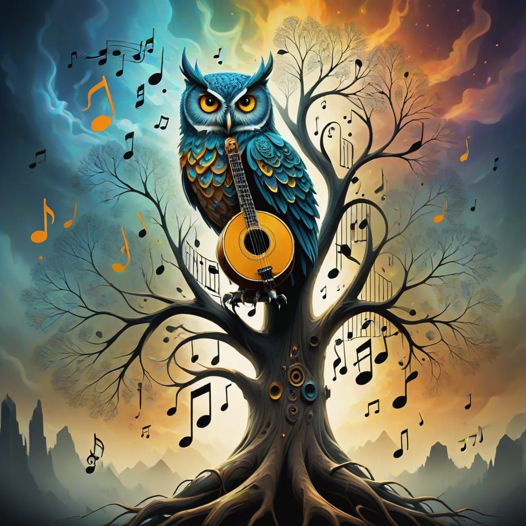 Surreal Music Tree with Owl Perch in Fractal Style