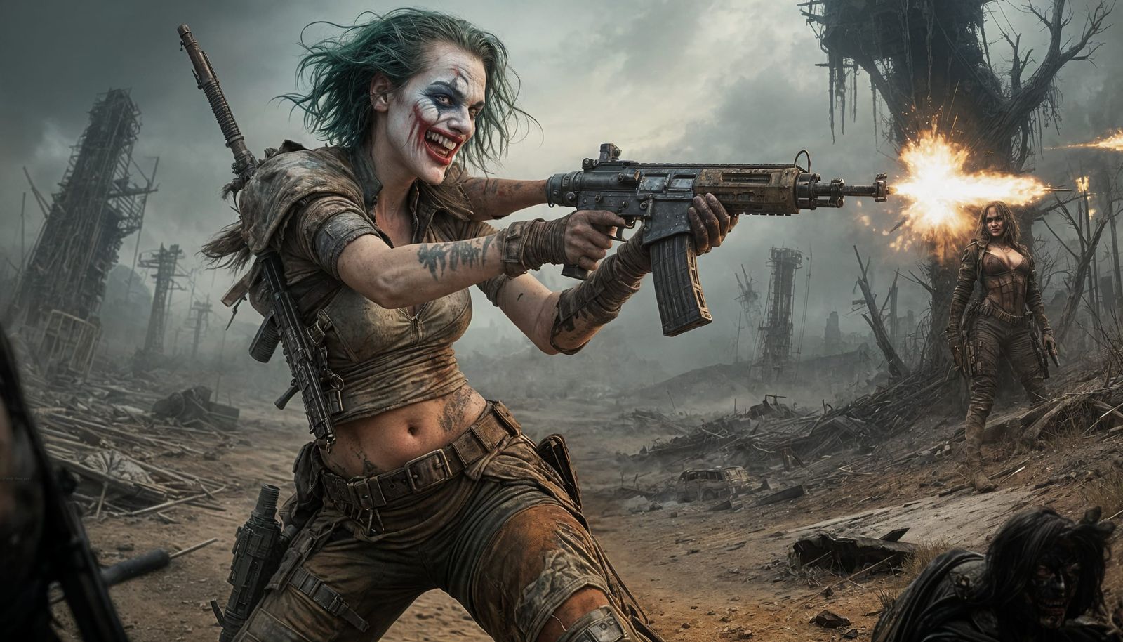 Post-Apocalyptic Female Raider with Rifle in Wasteland