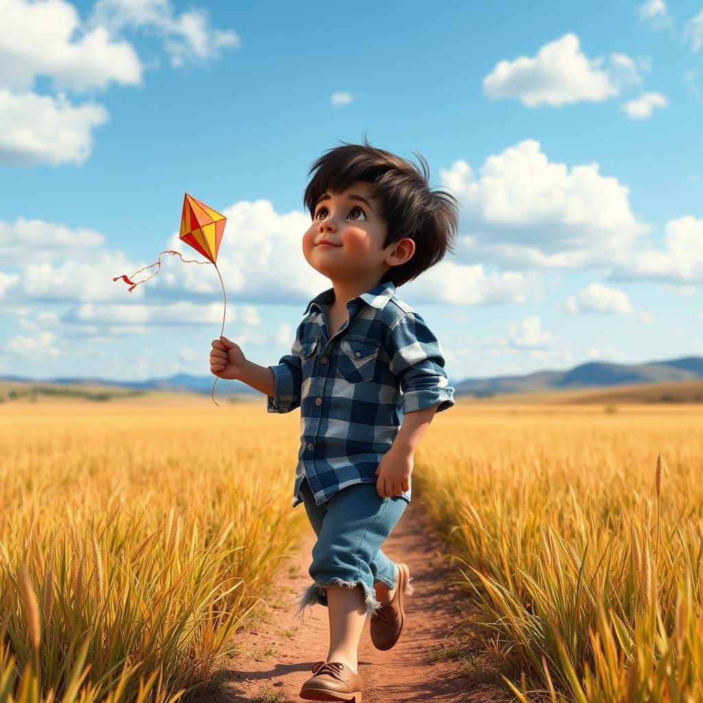 Young Boy Enjoys Whimsical Moment in a Serene Open Field