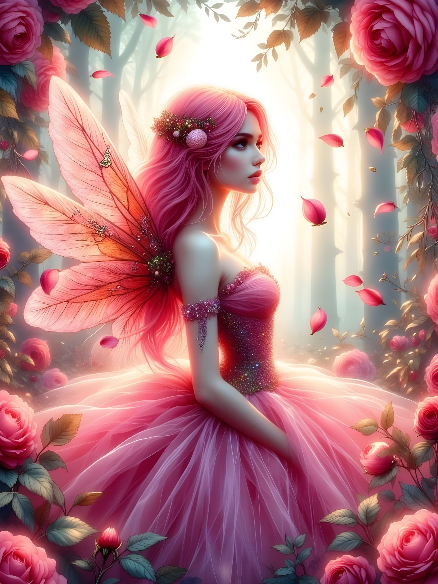 Fairy with Rose Ballgown in Vibrant Digital Art
