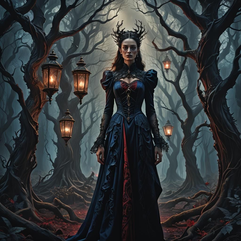 Mysterious Woman in Gothic Forest: Fantasy Concept Art