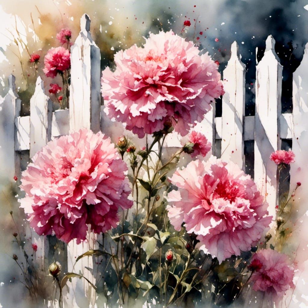 Pink Carnations by White Picket Fence in Watercolor