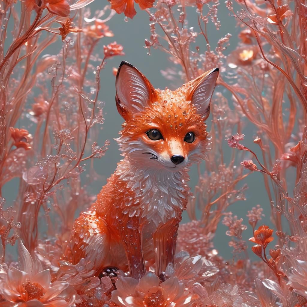 Bioluminescent Fox Sculpture in Vermilion Crystal Glass