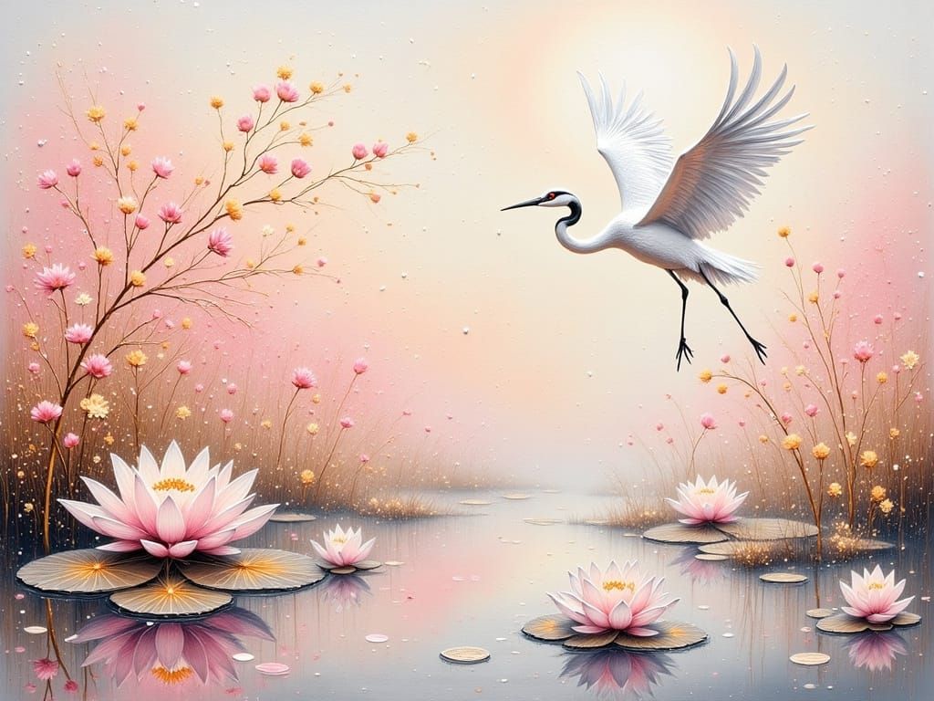 Surreal Snowy Landscape with Golden Lotus and Majestic Crane
