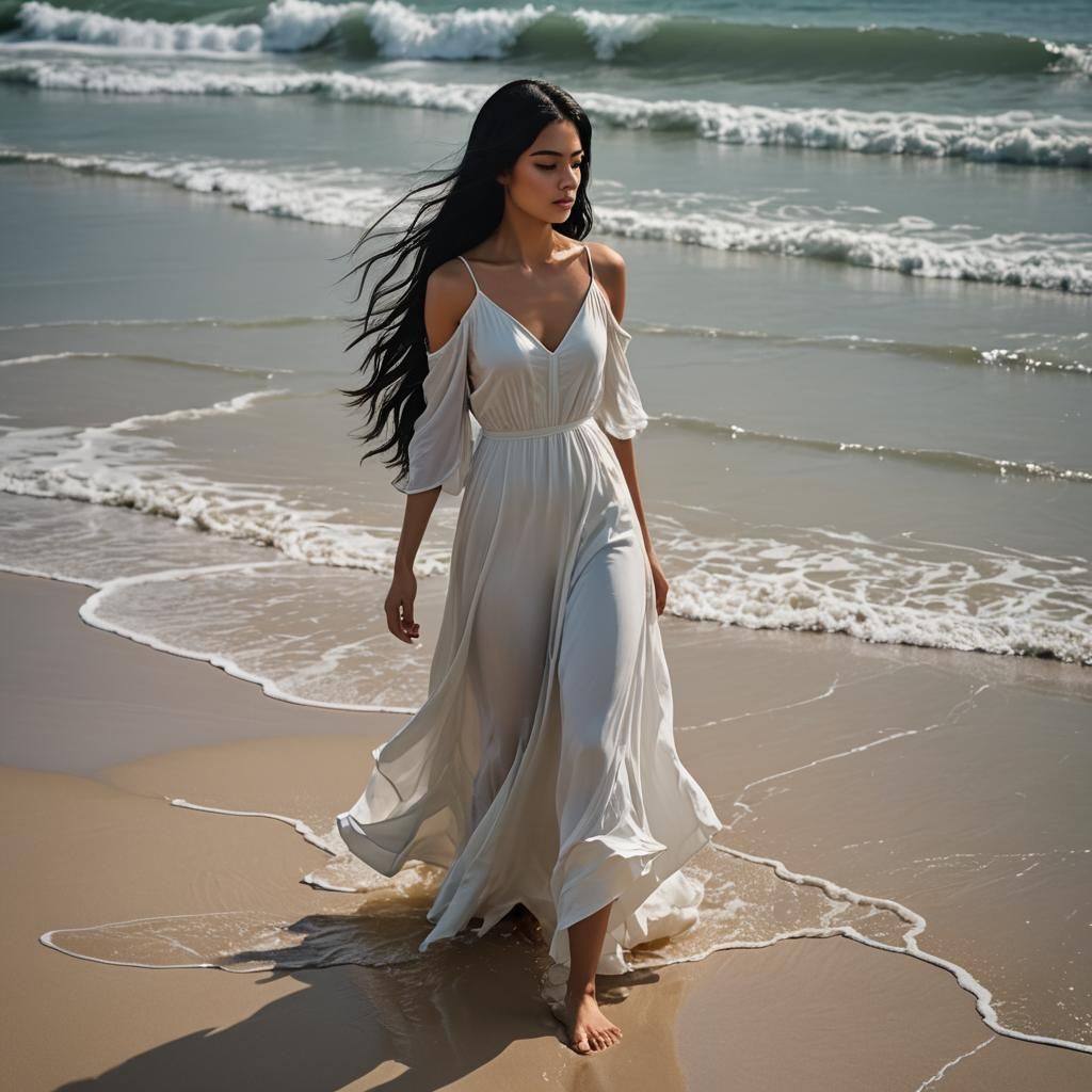 Beautiful Woman Gazing at Ocean, Hyperdetailed Portrait