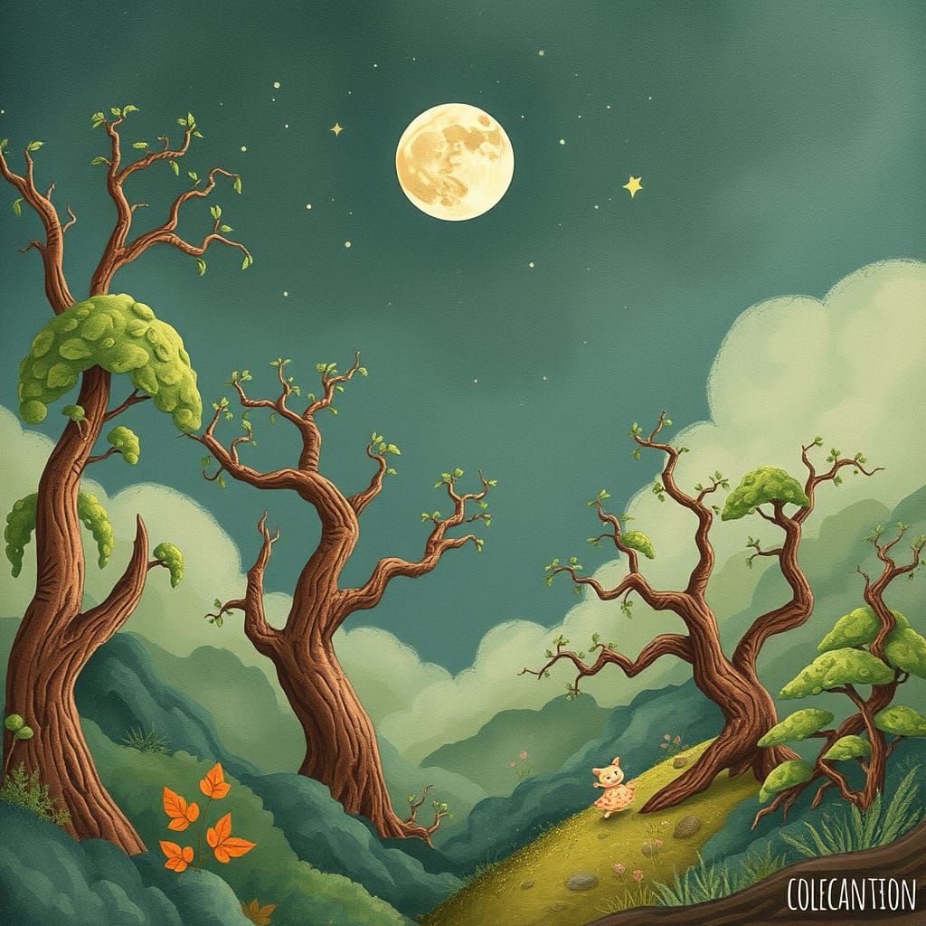 Whimsical Forest Under a Vintage Paper Moon
