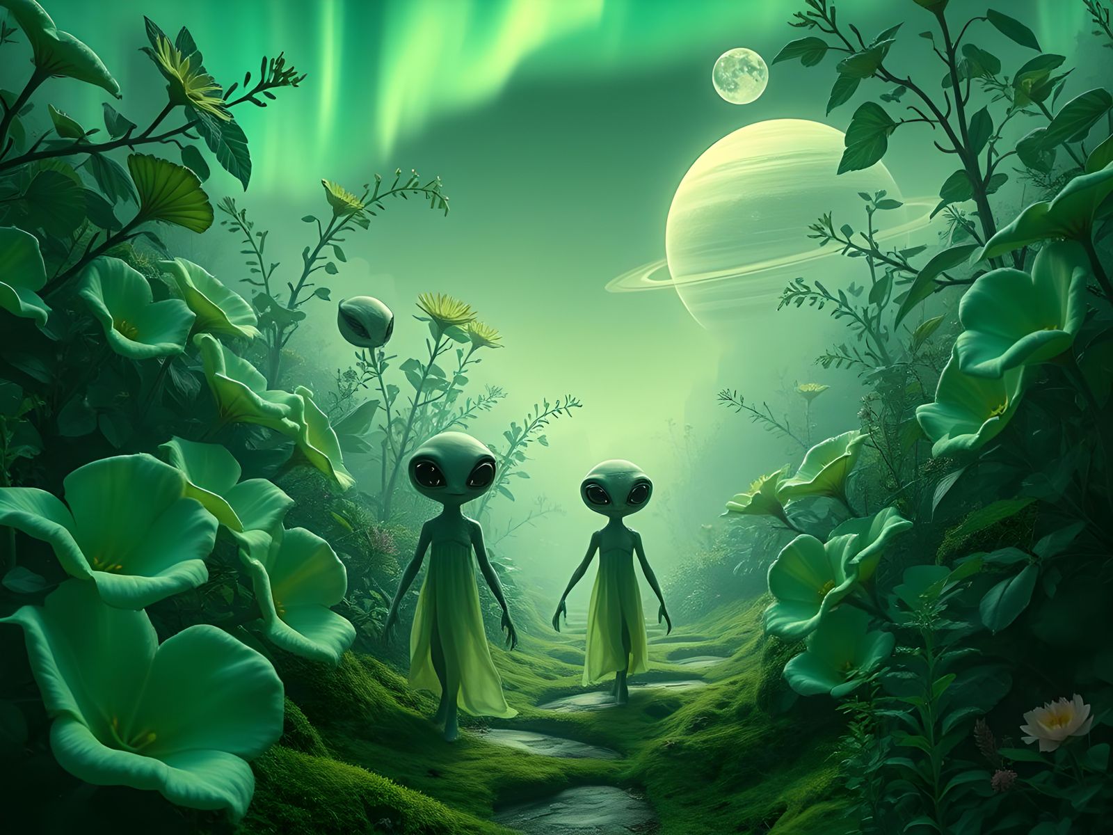 Green Alien Planet with Cute Aliens