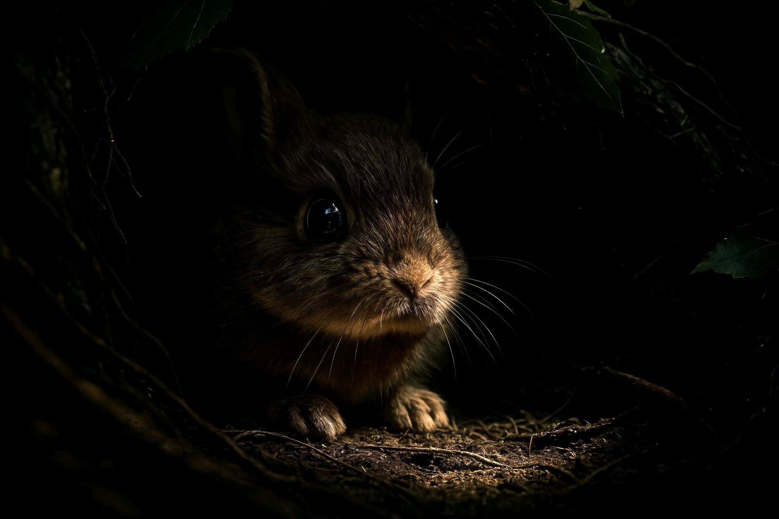 Fluffy Bunny Hides, Afraid in Forest Light