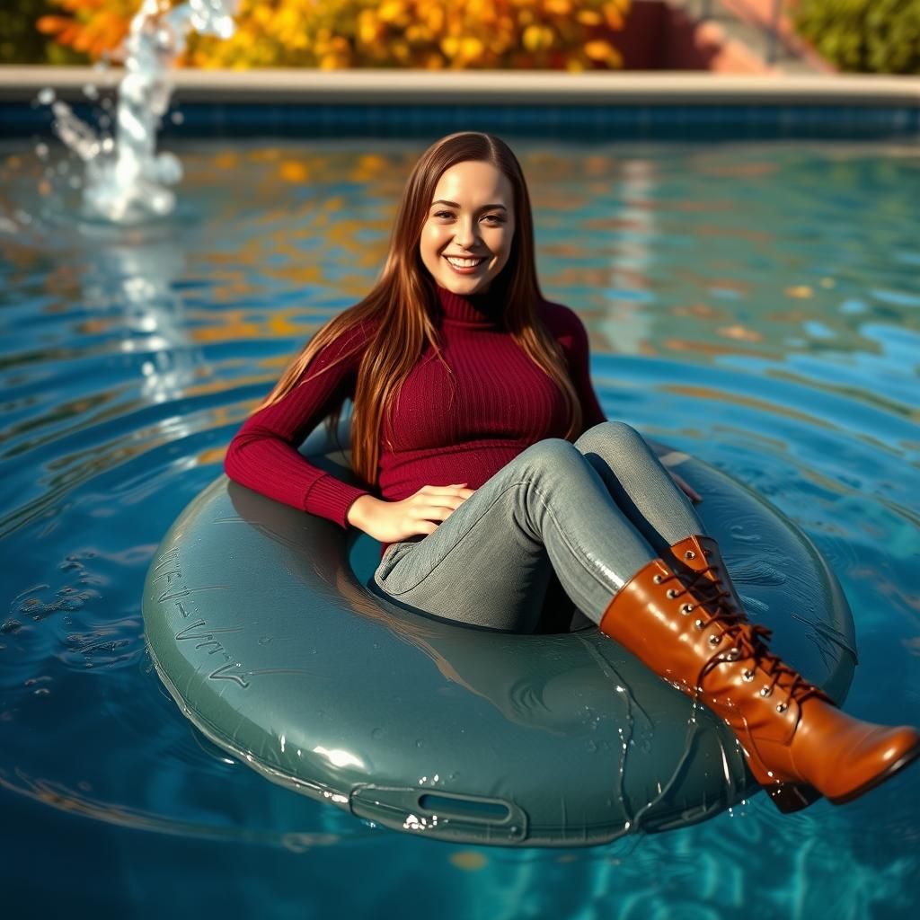 Woman on Raft in Serene Autumn Pool
