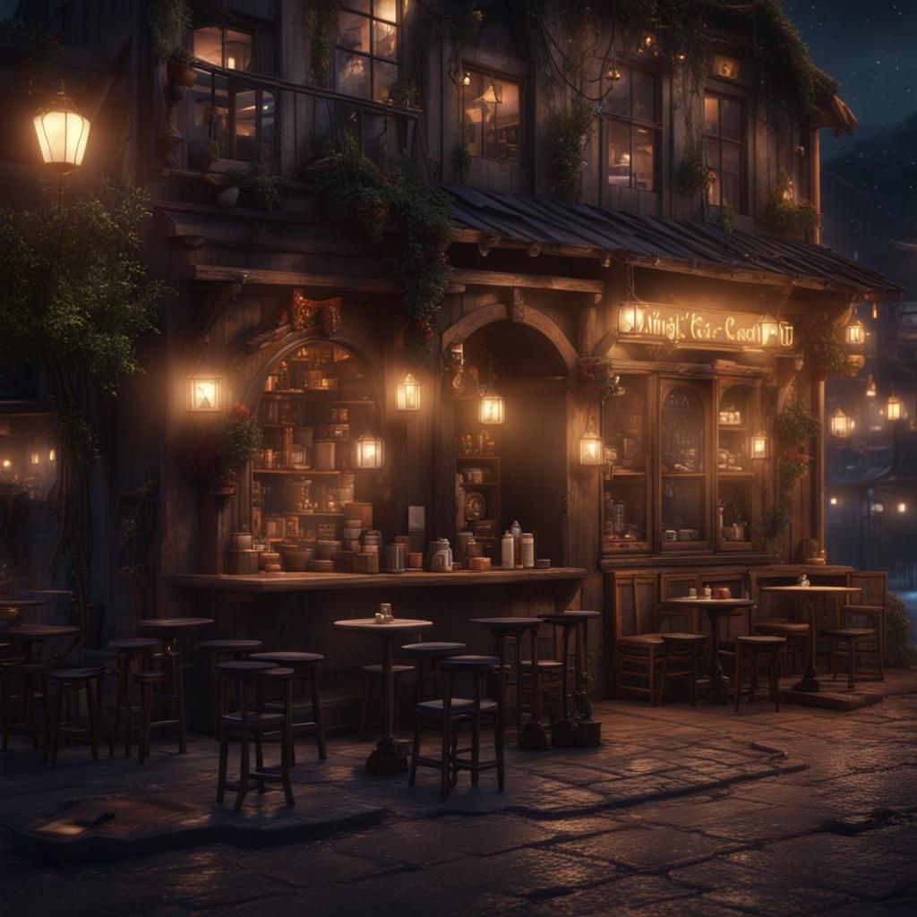 Night Cafe in Rustic Town: Detailed Matte Painting