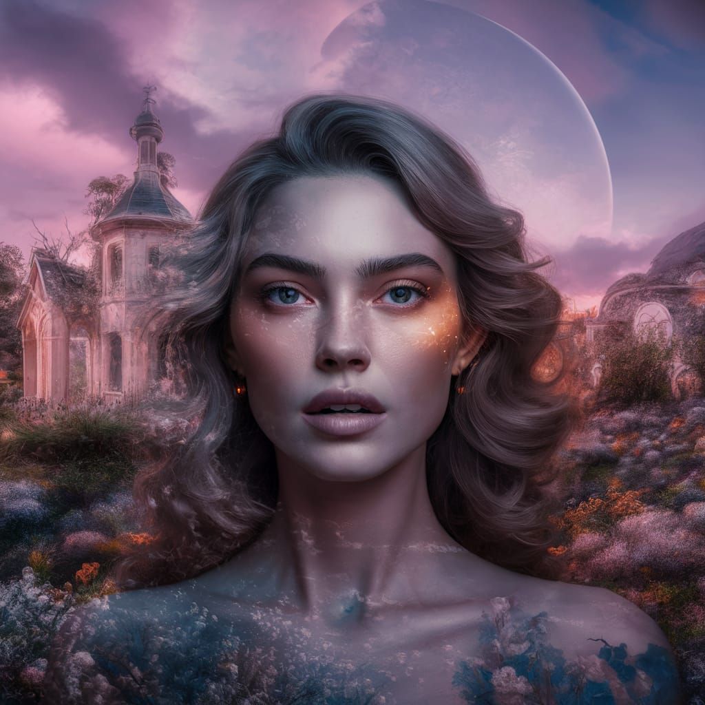 Ethereal Double Exposure Portrait in Fantasy Landscape