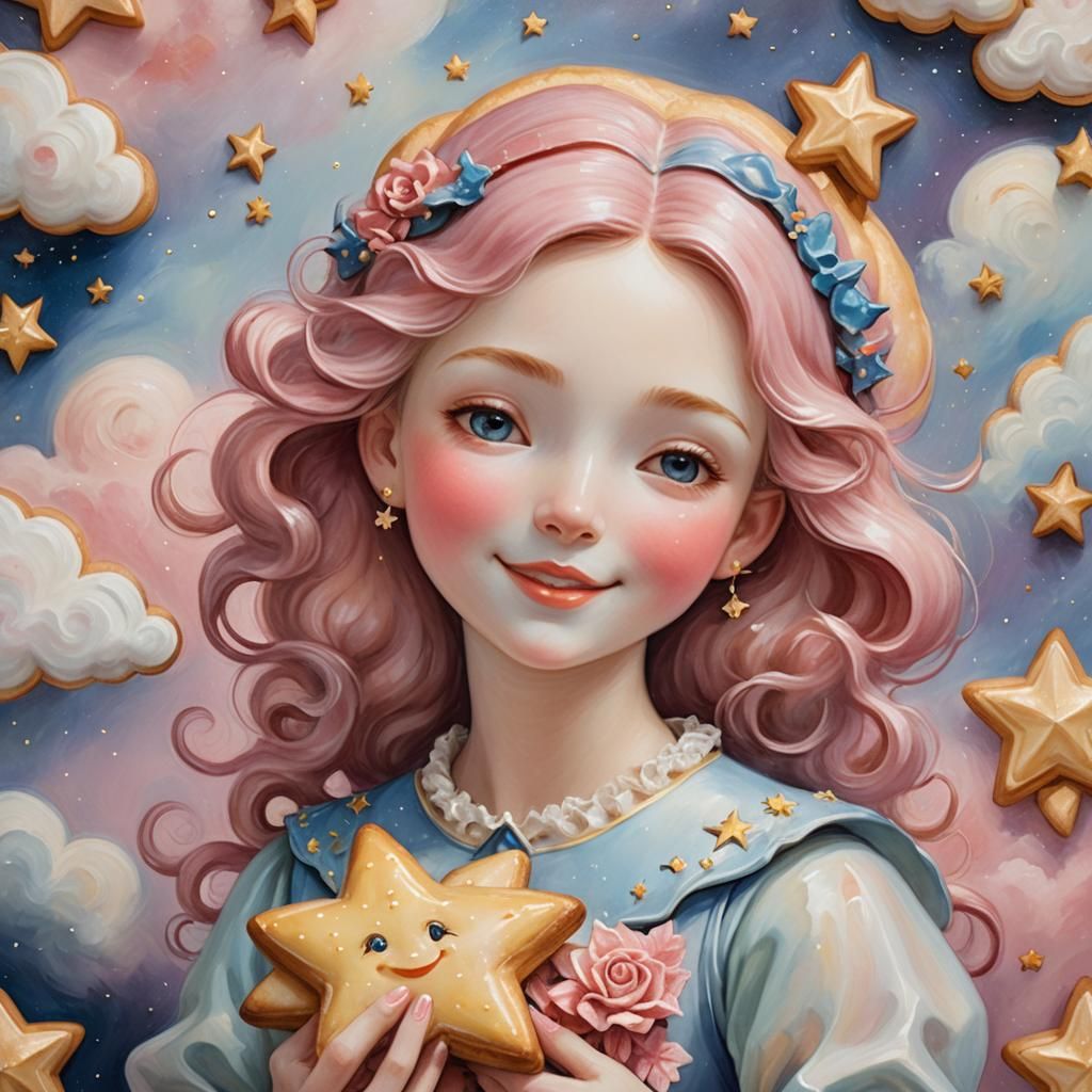 Majolica Girl with Star Cookie in Surreal Dreamscape