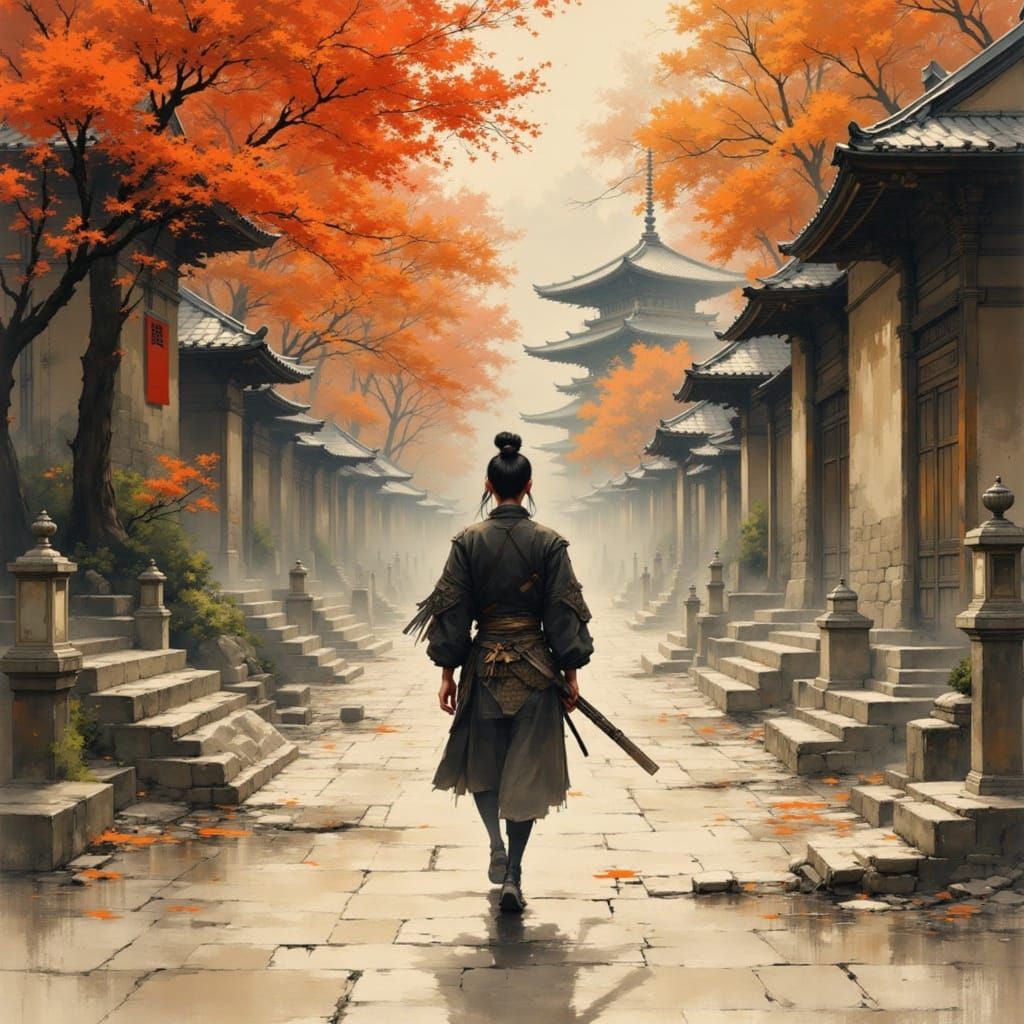 Wandering Samurai Passes Through Torii Gate
