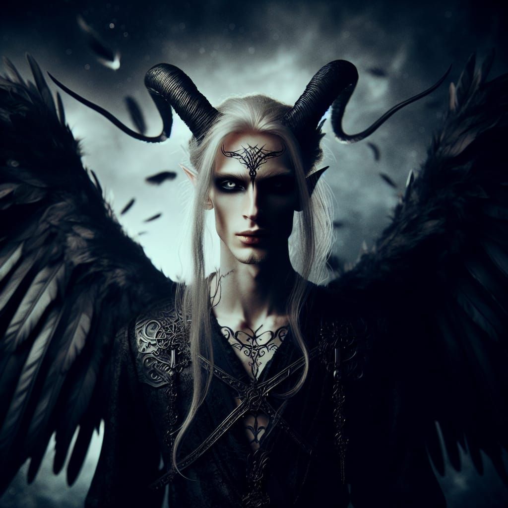 Majestic Dark Angel with Black Wings in Desolate Landscape