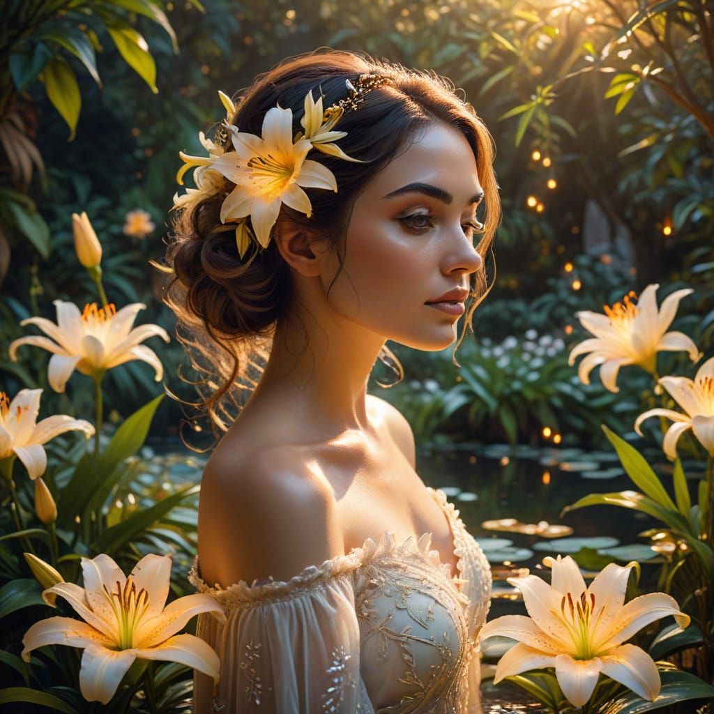 Ethereal Woman with Glowing Lilies in Romantic Garden