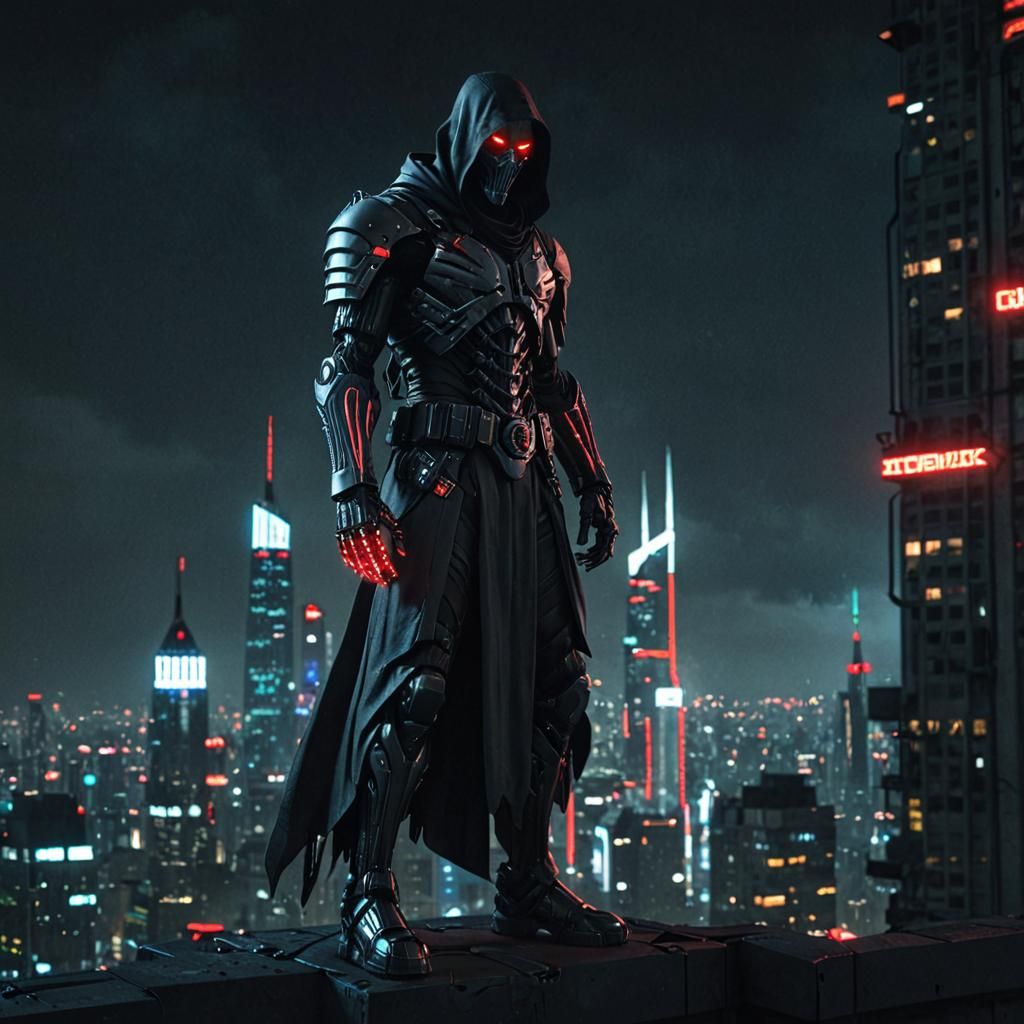 Cyberpunk Grim Reaper Watches Over Neon Cityscape