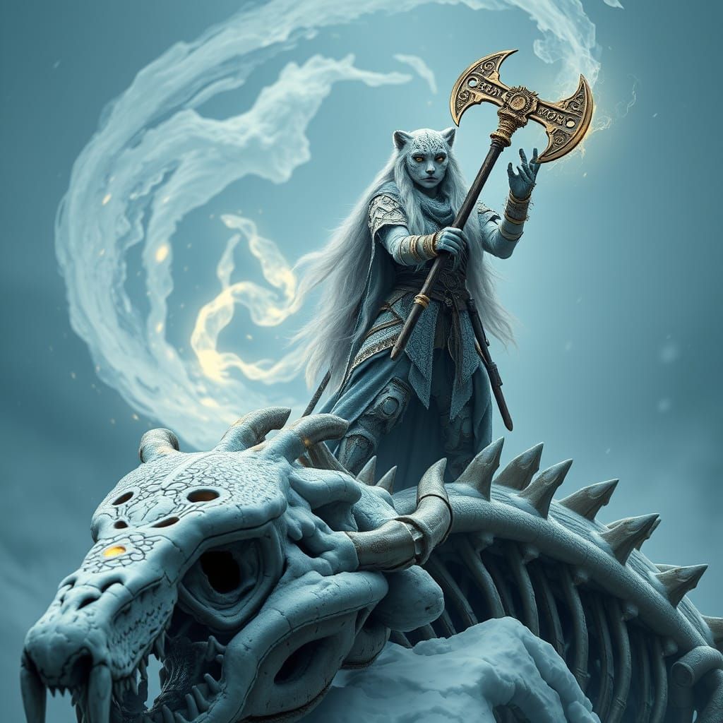 Snow Leopard Huntress Summons Vortex on Dragon Skeleton